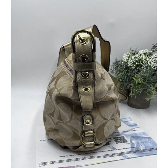Coach F15067 Authenticated Signature Logo Khaki Beige Gold Tote Shoulder Bag - Picture 3 of 15